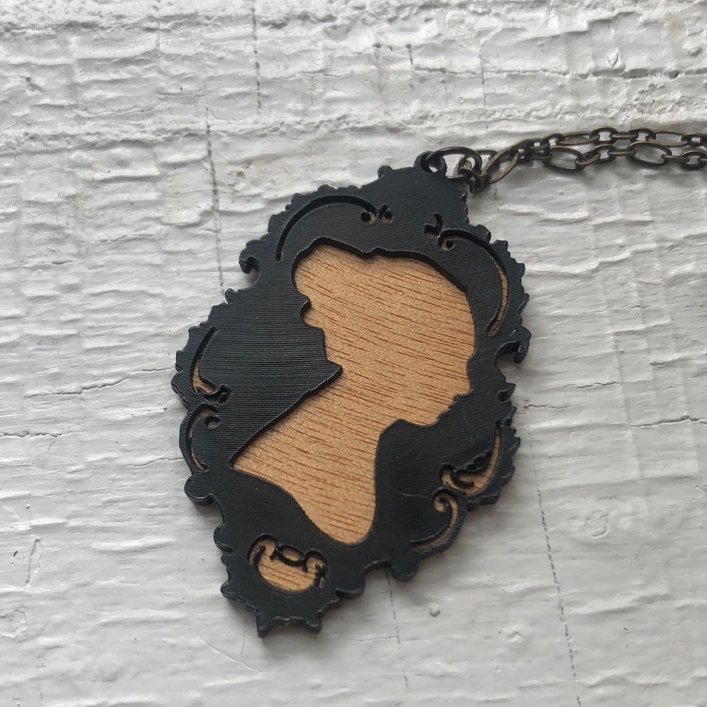 wood + vinyl Victorian cameo pendant